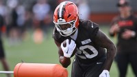 Cleveland Browns running back Pierre Strong Jr. (20) runs a drill during minicamp at CrossCountry Mortgage Campus.