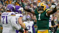 Green Bay Packers defensive end Micah Parsons (1) celebrates after sacking Minnesota Vikings quarterback J.J. McCarthy (9) on Sunday, November 23, 2025, at Lambeau Field in Green Bay, Wis. The Packers won the game, 23-6.