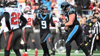 Carolina Panthers quarterback Bryce Young (9) celebrates with center Austin Corbett (63) during the second half against the Tampa Bay Buccaneers at Bank of America Stadium.