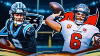Panthers QB Bryce Young (left) and Buccaneers QB Baker Mayfield (right). Carolina Panthers and Tampa Bay Buccaneers logo in background