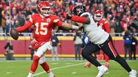 Kansas City Chiefs quarterback Patrick Mahomes (15) is pressured by Houston Texans defensive tackle Mario Edwards Jr. (97) during the second quarter at GEHA Field at Arrowhead Stadium.