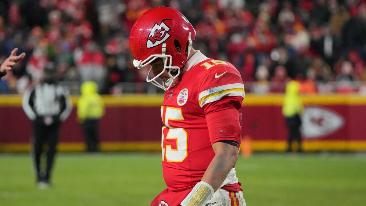 Kansas City Chiefs quarterback Patrick Mahomes (15) lowers his head during the fourth quarter against the Houston Texans at GEHA Field at Arrowhead Stadium.