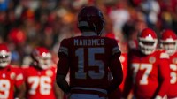 Kansas City Chiefs quarterback Patrick Mahomes (15) walks to the huddle from the sideline during the second quarter against the Los Angeles Chargers at GEHA Field at Arrowhead Stadium. Mandatory Credit: Jay Biggerstaff-Imagn Images