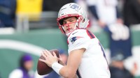 New England Patriots quarterback Drake Maye (10) warms up prior to the game against the New York Jets at MetLife Stadium.