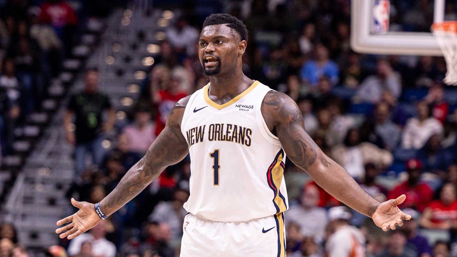 New Orleans Pelicans reacts to a play against the Houston Rockets during the second half at Smoothie King Center. 