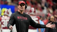Alabama head coach Kalen DeBoer gestures on the sidelines after a dropped pass in the end zone against Georgia at Mercedes-Benz Stadium.