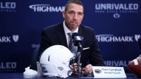 Matt Campbell answers questions from the media after being announced as the Penn State Nittany Lions new head coach during a press conference at the Beaver Stadium Press Room.