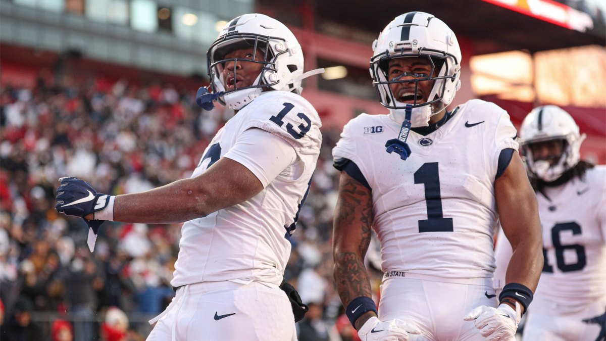 Penn State Nittany Lions running back Kaytron Allen (13) reacts after a rushing touchdown during the first half against the Rutgers Scarlet Knights at SHI Stadium.