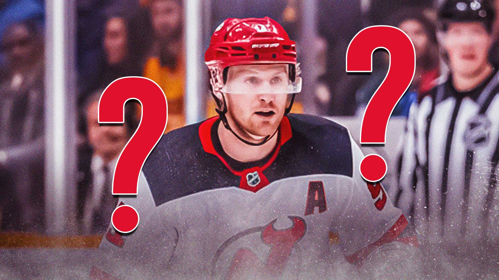 Steven Stamkos in a devils jersey with question marks around him.