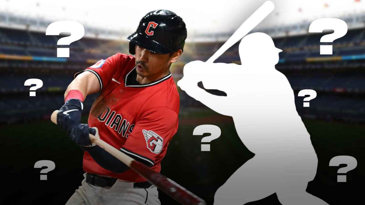 IMAGE: Cleveland Guardians outfielder Steven Kwan swinging a bat on the left side, blank player silhouette on the right side, question marks surrounding both, Yankee Stadium (home field of the New York Yankees) in the background