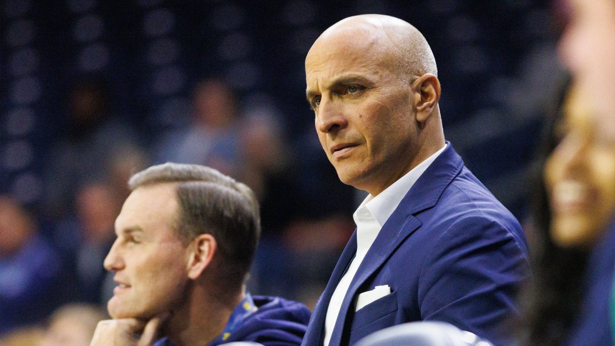 Notre Dame athletic director Pete Bevacqua, right, looks on during a NCAA men's basketball game against Bellarmine at Purcell Pavilion on Wednesday, Nov. 19, 2025, in South Bend.