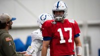 Indianapolis Colts quarterback Philip Rivers (17) talks with quarterbacks coach Cam Turner on Wednesday, Dec. 10, 2025, during practice at the Colts training facility in Indianapolis.