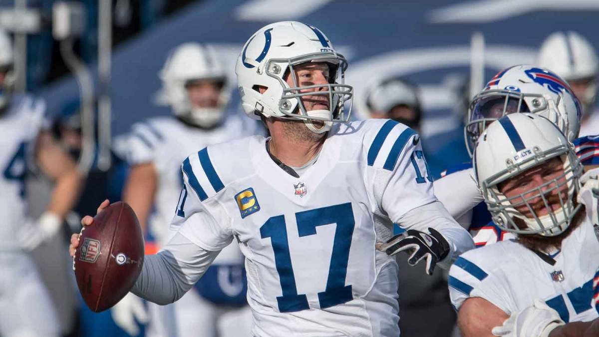 Indianapolis Colts quarterback Philip Rivers (17) looks to throw a pass in the second quarter wildcard playoff game against the Buffalo Bills at Bills Stadium.