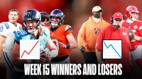 Stock up emoji on one side, with Colts QB Philip Rivers, Broncos QB Bo Nix and Jaguars QB Trevor Lawrence Stock down emoji on the other with Chiefs QB Patrick Mahomes and Andy Reid, and Buccaneers head coach Todd Bowles "Week 15 Winners and Losers" at the bottom