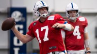 Indianapolis Colts quarterback Philip Rivers (17) drops back to pass Wednesday, Dec. 10, 2025, during practice at the Colts training facility in Indianapolis.