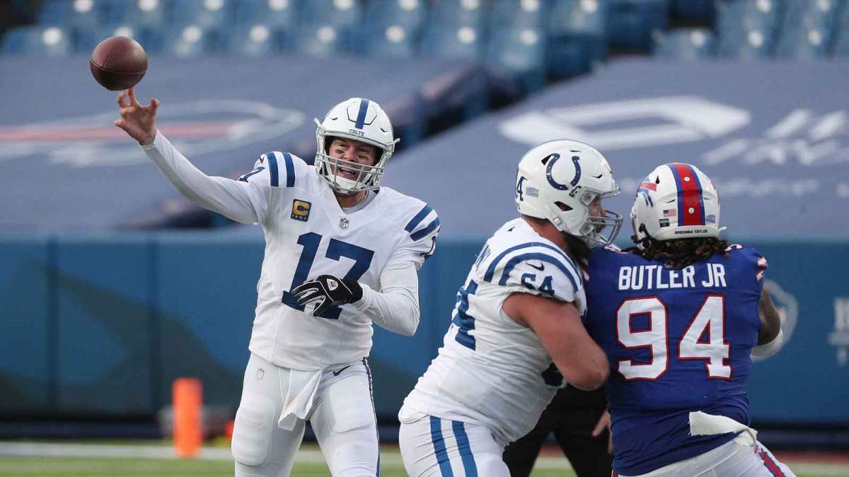 Colts quarterback Philip Rivers steps into a throw over the middle of the field.