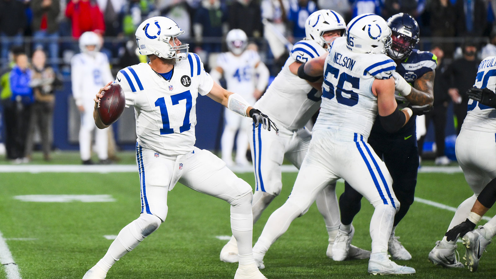 Indianapolis Colts quarterback Philip Rivers (17) passes against the Seattle Seahawks during the fourth quarter at Lumen Field.