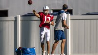 Quarterback Phillip Rivers throws a ball during the 2020 Indianapolis Colts training camp held at the Indiana Farm Bureau Football Center.