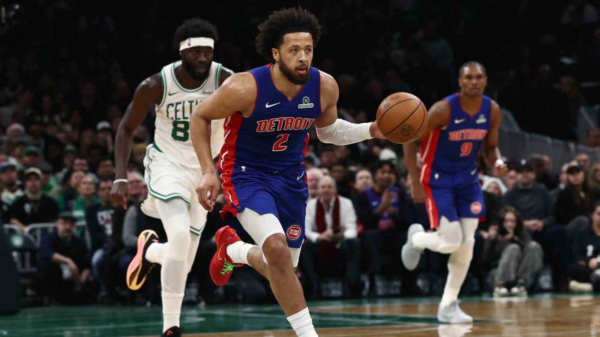 Detroit Pistons guard Cade Cunningham (2) brings the ball up the court against the Boston Celtics during the first quarter at TD Garden.