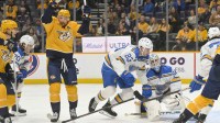 Nashville Predators center Steven Stamkos (91) celebrates his goal against the St. Louis Blues during the first period at Bridgestone Arena.