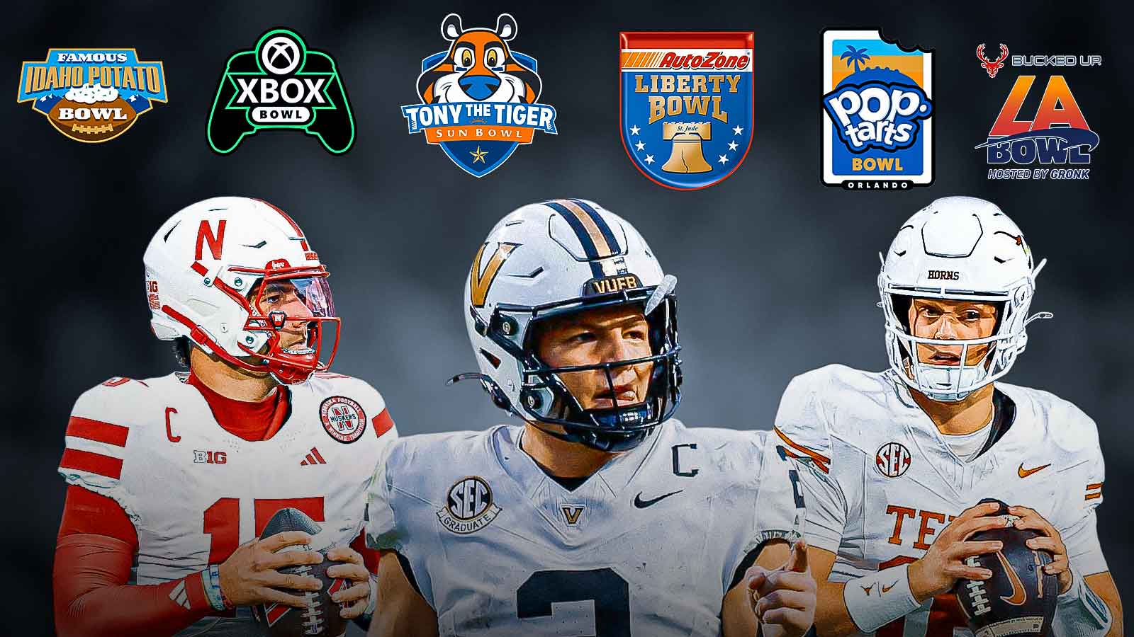 Arch Manning, Diego Pavia, Dylan Raiola all together. All over the graphic is logos for Part Tart Bowl, Bucked Up LA Bowl, Idaho Potato Bowl, XBox Bowl, Tony the Tiger Sun Bowl, AutoZone Librety Bowl.