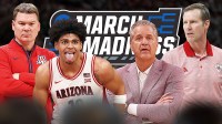 March Madness logo in the middle Arizona's Tommy Lloyd and Koa Peat on one side Nebraska's Fred Hoiberg and Arkansas' John Calipari on the other side