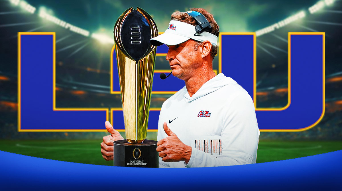Lane Kiffin with CFP Trophy and LSU logo in the background.