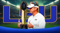 Lane Kiffin with CFP Trophy and LSU logo in the background.