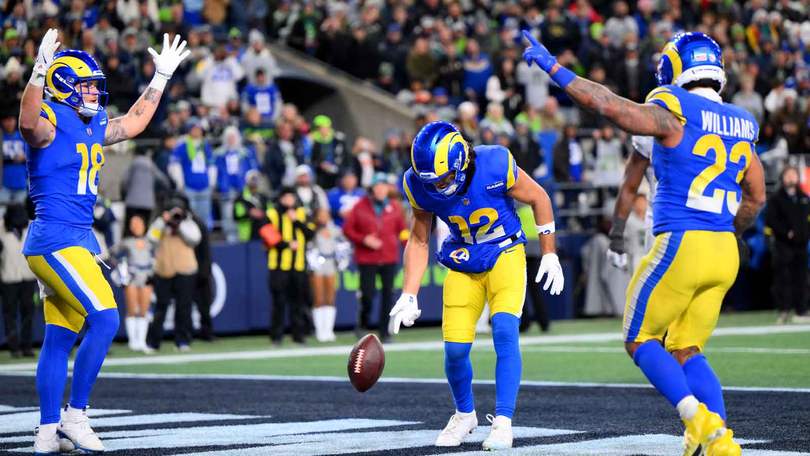 Los Angeles Rams wide receiver Puka Nacua (12) celebrates after scoring a touchdown against the Seattle Seahawks in the second half at Lumen Field.