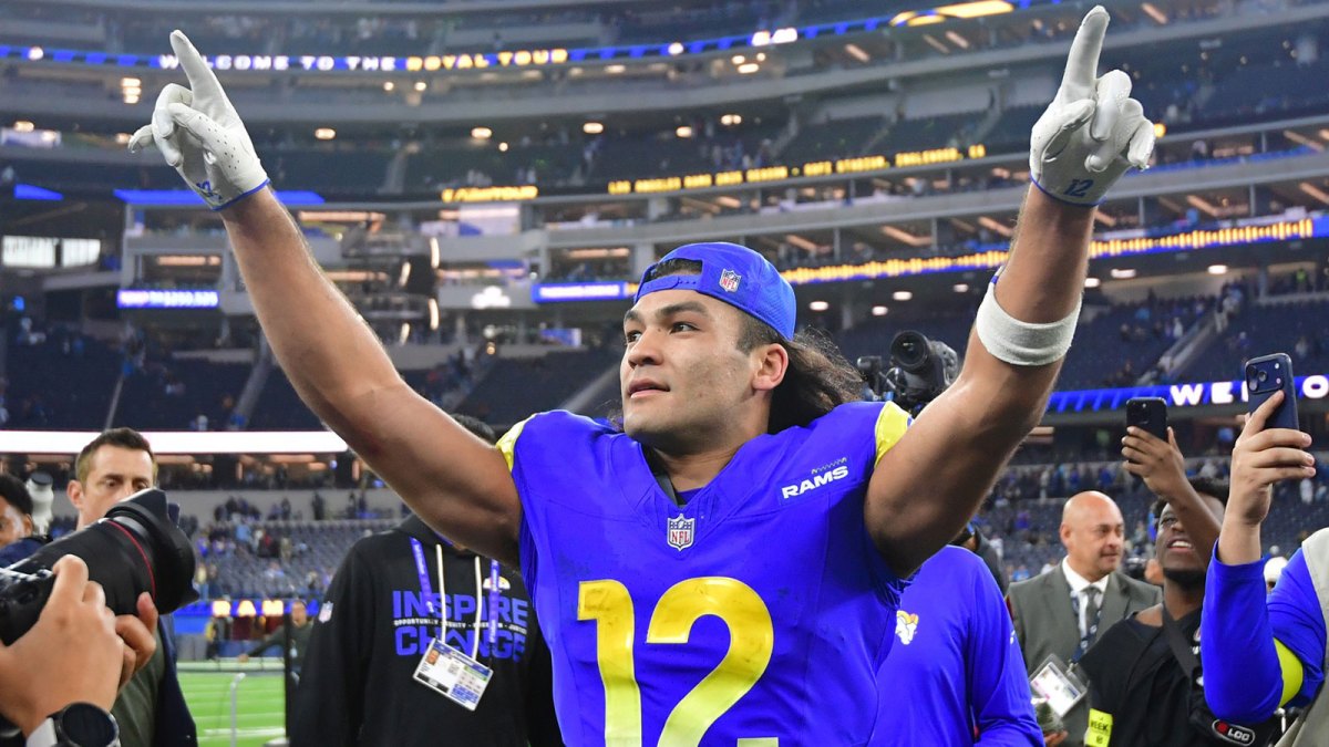 Los Angeles Rams wide receiver Puka Nacua (12) celebrates after defeating the Detroit Lions at SoFi Stadium.