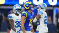 Los Angeles Rams wide receiver Puka Nacua (12) celebrates after a play during the third quarter against the Detroit Lions at SoFi Stadium.