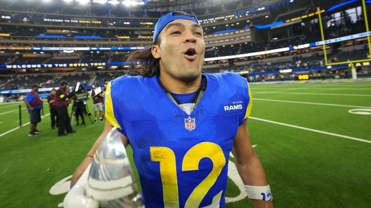 Los Angeles Rams wide receiver Puka Nacua (12) celebrates after defeating the Detroit Lions at SoFi Stadium. Mandatory Credit: Kirby Lee-Imagn Images