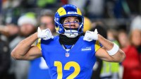 Los Angeles Rams wide receiver Puka Nacua (12) warms up before the game against the Seattle Seahawks at Lumen Field.