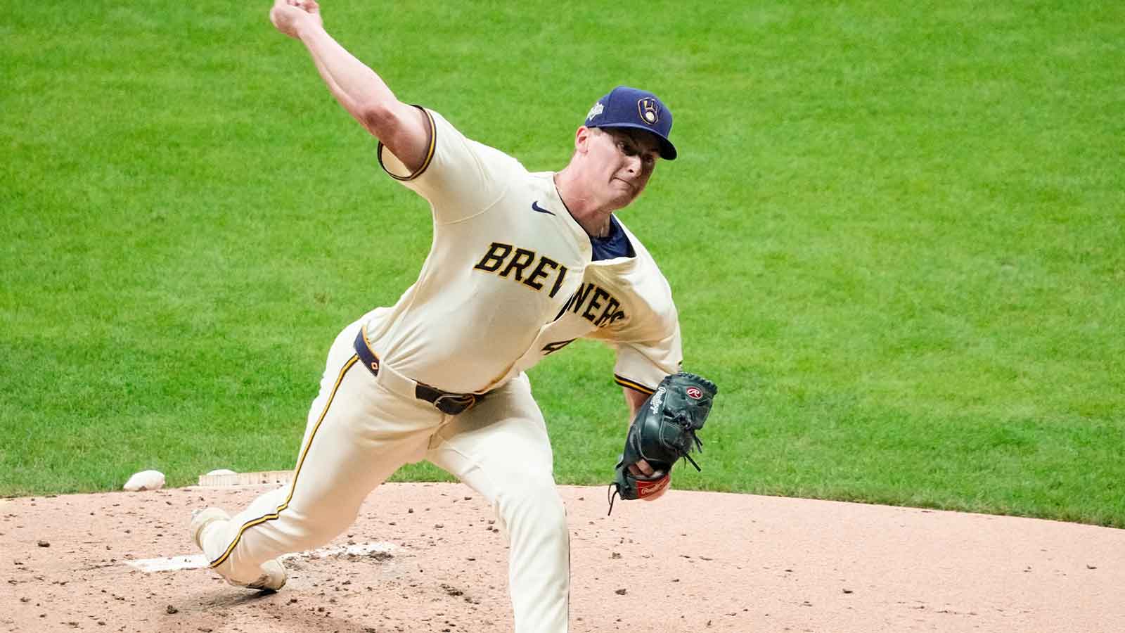 Milwaukee Brewers pitcher Quinn Priester (46) throws a pitch against the Los Angeles Dodgers in the second inning during game one of the NLCS round for the 2025 MLB playoffs at American Family Field