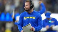 Los Angeles Rams head coach Sean McVay reacts after a play during the fourth quarter against the Detroit Lions at SoFi Stadium.