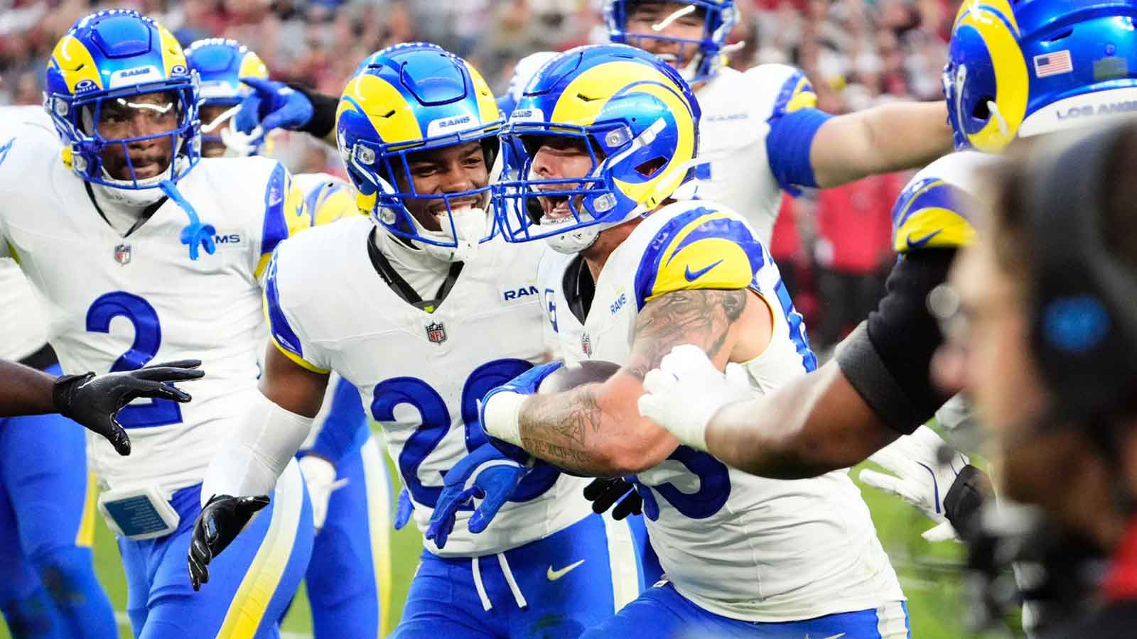 Los Angeles Rams linebacker Nate Landman (53) reacts after intercepting a pass from Arizona Cardinals quarterback Jacoby Brissett (7) in the second half at State Farm Stadium on Dec 7, 2025, in Glendale, Ariz.