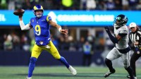 Dec 18, 2025; Seattle, Washington, USA; Los Angeles Rams quarterback Matthew Stafford (9) passes against the Seattle Seahawks in the first half at Lumen Field. Mandatory Credit: Kevin Ng-Imagn Images