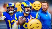 Rams QB Matthew Stafford, WR Puka Nacua, and head coach Sean McVay all surrounded by sad emojis (😟). There is also a logo for the Los Angeles Rams.