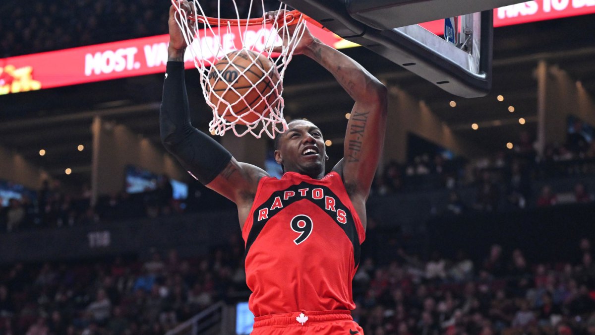 Raptors forward RJ Barrett (9) dunks for a basket against the Brooklyn Nets in the second half at Scotiabank Arena RJ Barrett injury ruled out vs Knicks