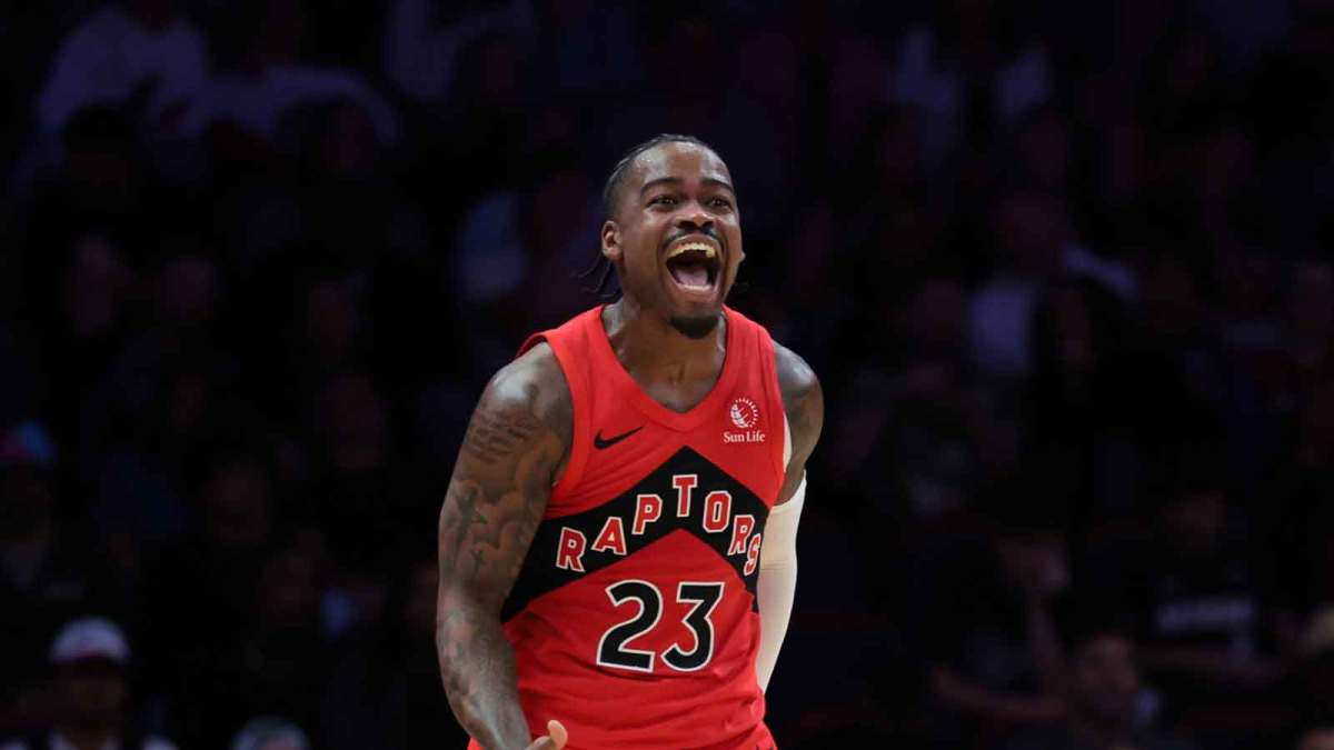 Raptors guard Jamal Shead (23) reacts after scoring