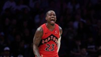 Raptors guard Jamal Shead (23) reacts after scoring