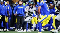 Seattle Seahawks wide receiver Rashid Shaheed (22) runs against the Los Angeles Rams in the second half at Lumen Field