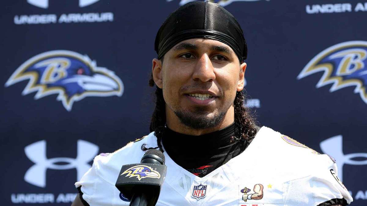 Baltimore Ravens linebacker Tavius Robinson (95) speaks after an NFL OTA at Under Armour Performance Center.