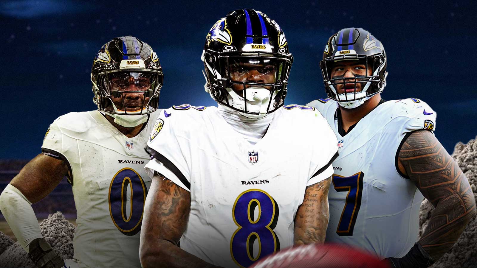 Roquan Smith, Daniel Faalele, Lamar Jackson, Pile of ashes in the background