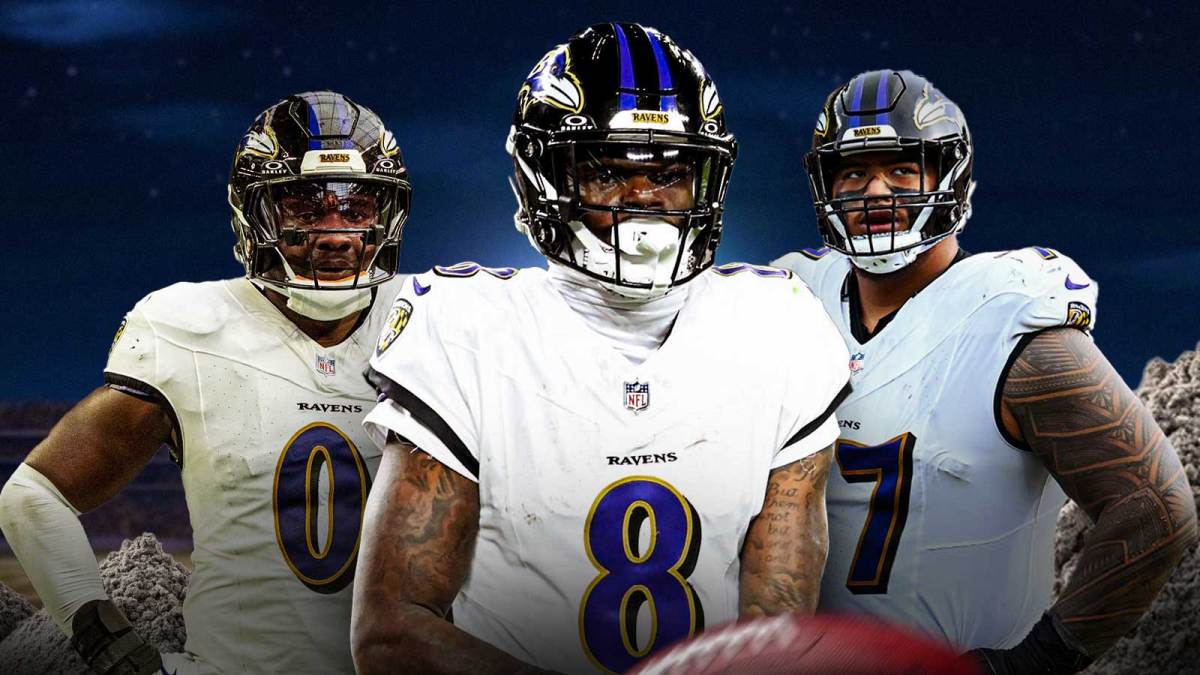 Roquan Smith, Daniel Faalele, Lamar Jackson, Pile of ashes in the background