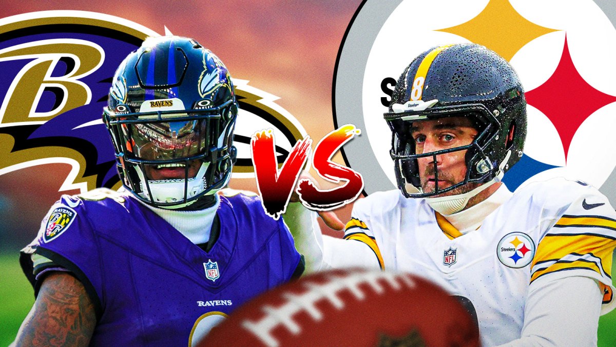 Lamar Jackson with Ravens logo in the background on the left, Aaron Rodgers with the Packers logo on the right, VS in the middle.