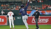 Tampa Bay Rays designated hitter Brandon Lowe (8) rounds the bases following his solo home run during the second inning against the Baltimore Orioles at Oriole Park at Camden Yards.