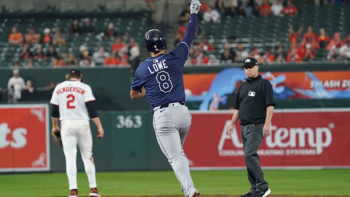 Tampa Bay Rays designated hitter Brandon Lowe (8) rounds the bases following his solo home run during the second inning against the Baltimore Orioles at Oriole Park at Camden Yards.