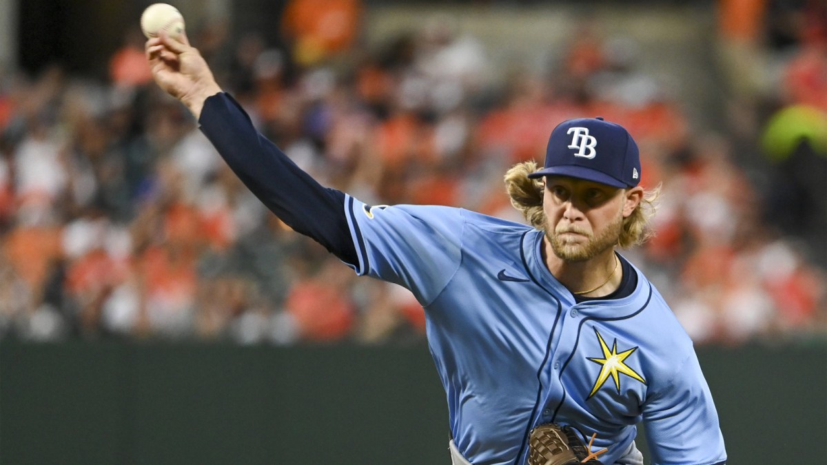 Tampa Bay Rays pitcher Shane Baz (11) throws a first inning pitch against the Baltimore Orioles at Oriole Park at Camden Yards