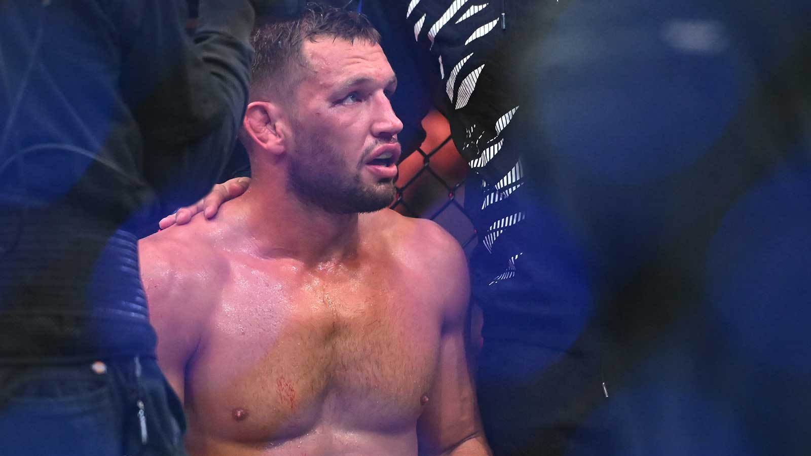 Reinier De Ridder (red gloves) reacts after the fight against Brendan Allen (blue gloves) during UFC Fight Night at Rogers Arena.
